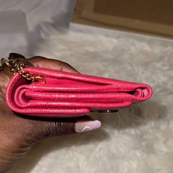 Authentic MCM Pink Leather Studded LogoMotifs Trifold Wallet with keychain EUC
